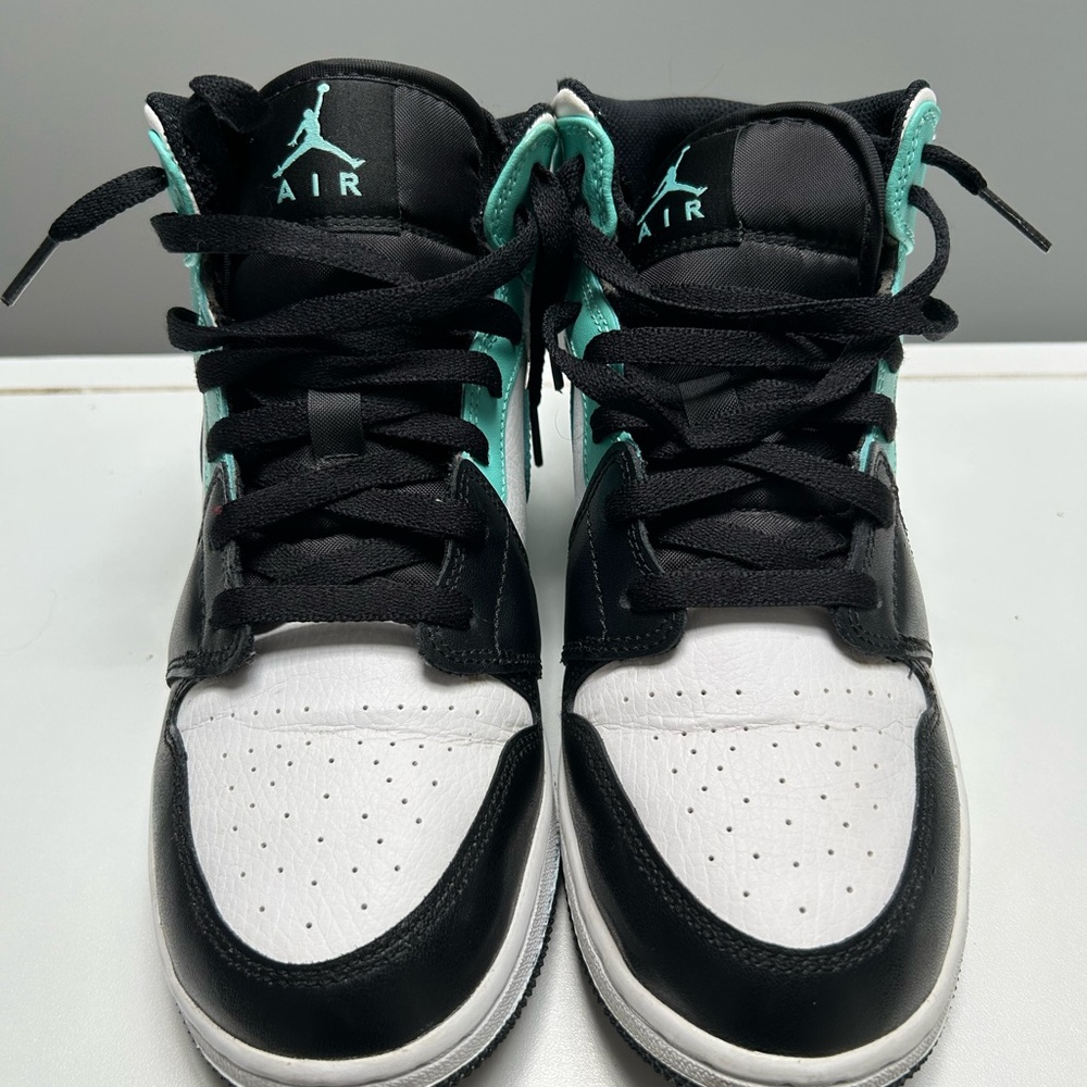 Jordan 1 Mid Kids Shoes Black and Teal